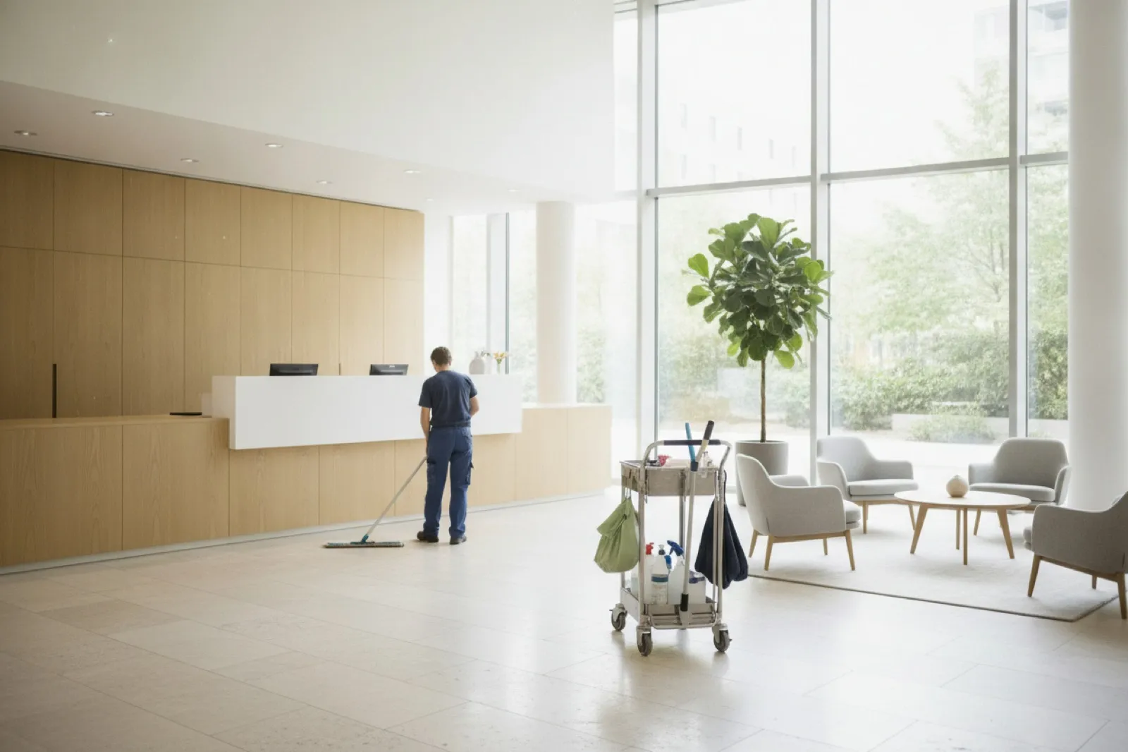 Rengøringsassistent gør rent i en lys reception på en arbejdsplads